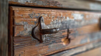 A rusty hardware drawer pull on a wooden cabinet complementing the vintage feel of the furniture.