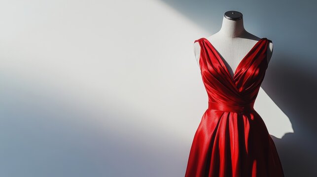 Elegant red dress on headless mannequin, white backdrop