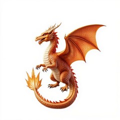 Fototapeta premium A vibrant, orange dragon stands majestically, showcasing its wings and fiery tail, embodying mythical strength and fantasy allure.