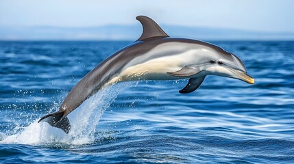 Fototapeta premium Joyful Dolphin Leaping Mid-Air with Sleek Body Against White Background