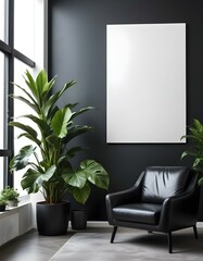 A modern living room with a large black leather armchair , a potted plant , and a blank canvas on the wall.