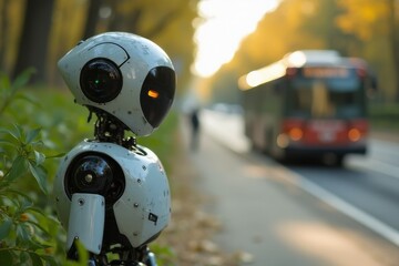 Futuristic robot standing on sidewalk near road waiting for the bus, AI technology in public spaces