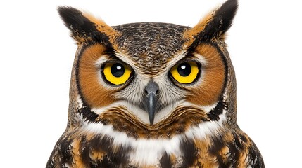 Obraz premium Captivating Close-up Portrait of an Owl with Striking Feathers and Piercing Eyes on a White
