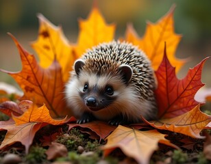 Hedgehog in leaves, autumn, garden