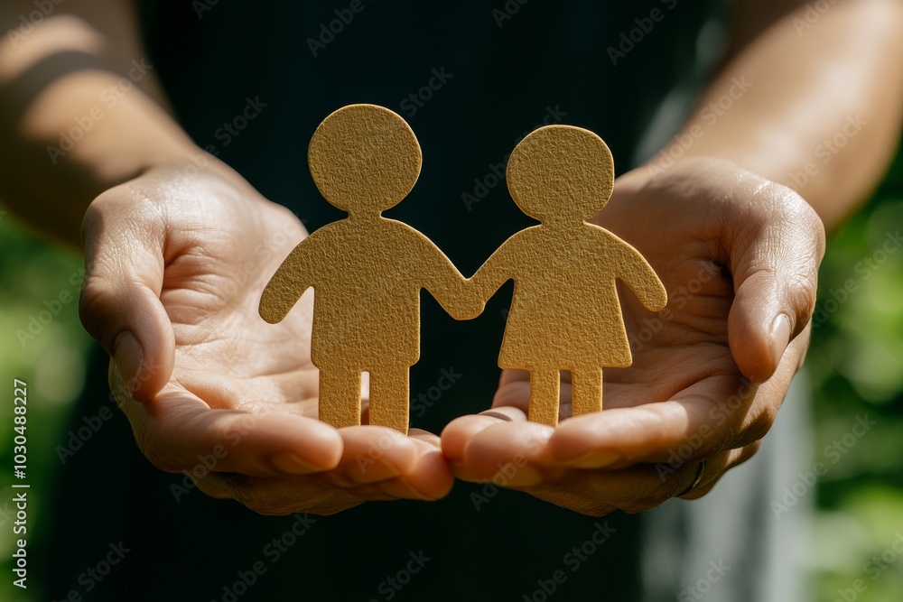Poster hands holding two paper doll figures symbolizing unity love and protection in a minimalist clean set