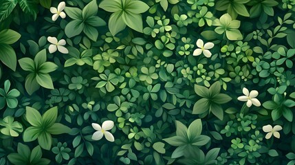 Lush Green Foliage with White Flowers Seamless Pattern Background