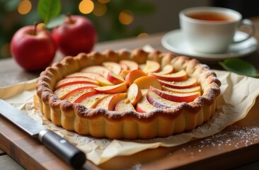An apple pie is elegantly resting on a wellused wooden cutting board, placed beside a steaming cup of delightful tea