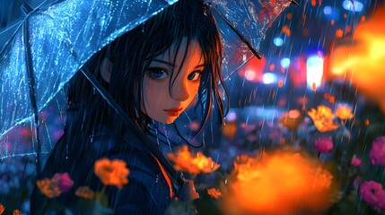 Anime Girl Under Umbrella in Rainy Night Cityscape with Flowers