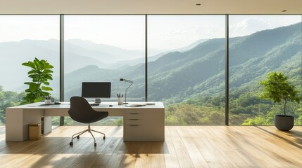 A modern office with a desk, computer, and large windows showcasing a mountain landscape.
