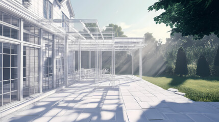 Fototapeta premium Wireframe rendering of a building in 3D. Done view hard landscaping, new luxury stone patio and garden of English home. Idea for an abstract construction graphic