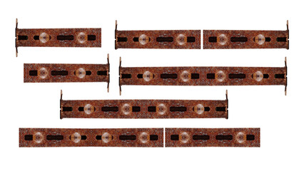 Rusty horizontal mounting plate with screws. On isolated transparent background.