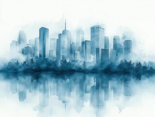 Fototapeta premium ethereal watercolor cityscape featuring delicate white structures, flowing aqua details, and a dreamy atmosphere, creating a serene and imaginative urban landscape