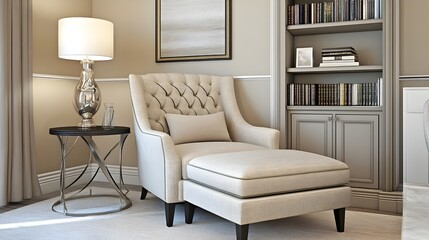 Cozy Reading Nook with Plush Armchair and Bookshelf in Soft Lighting