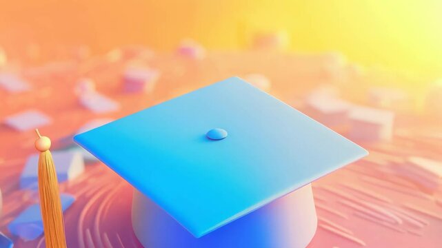 Colorful Graduation Cap on Abstract Background with Geometric Shapes and Bubbles, Celebrating Achievement in Education and Joy of Receiving Diploma with Playful Atmosphere.