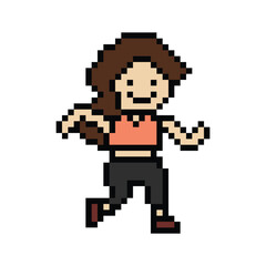 Cute cartoon run exercise pixel cartoon 8bit character woman lady run or running jog cardio lifestyle for decoration life style 8 bit female jog marathon exercise png vector.