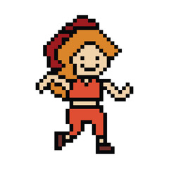 Obraz premium Cute cartoon run exercise pixel cartoon 8bit character woman lady run or running jog cardio lifestyle for decoration life style 8 bit female jog marathon exercise png vector.