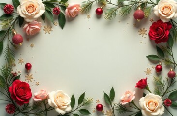 A beautifully designed frame crafted from an assortment of vibrant roses, lush leaves, and festive Christmas decorations set against a pure white background