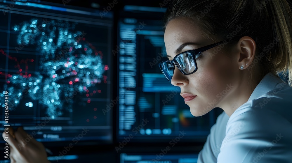 Poster female engineer designing air app with real-time data visualization