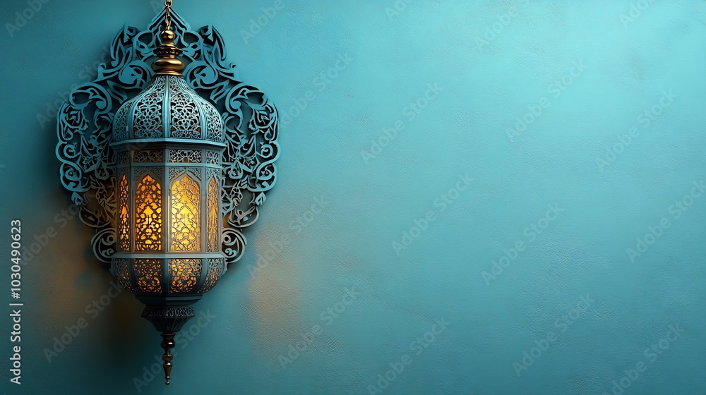 Poster beautiful paper cut style banner featuring an islamic lantern surrounded by ornate patterns set agai
