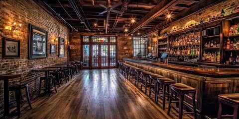 Fototapeta premium Whiskey bar interior, rustic decor elements, dim lighting, flat design illustration