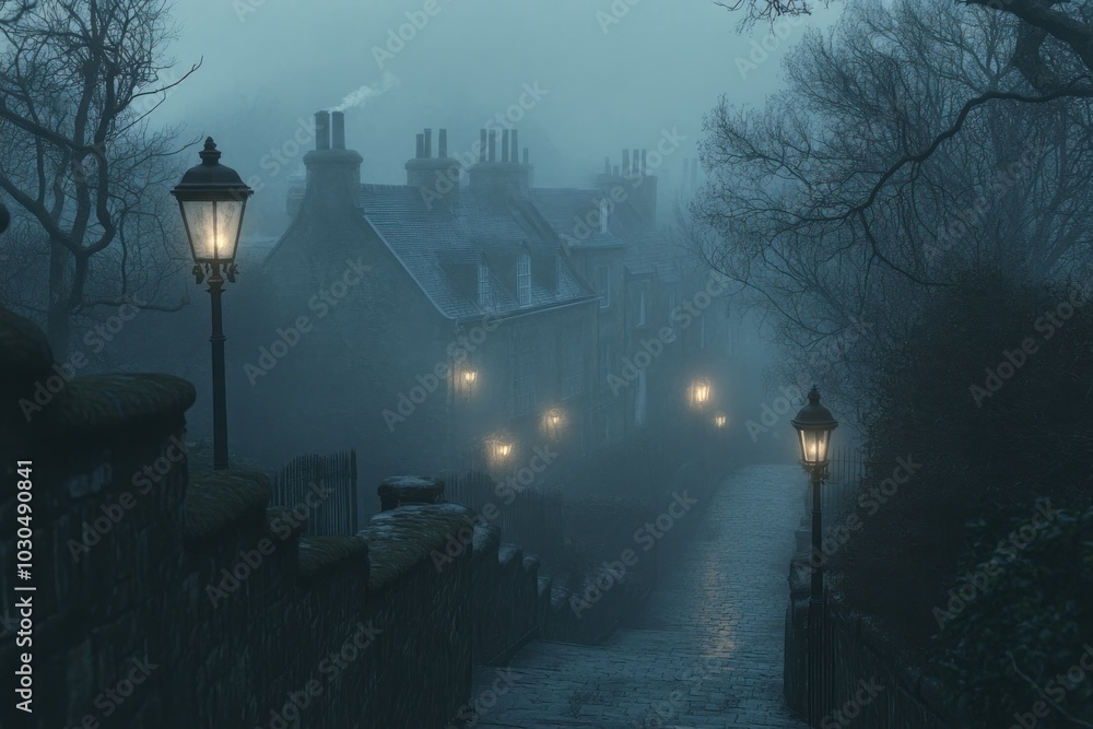 Wall mural A foggy street scene with old houses and lampposts, evoking a mysterious atmosphere.