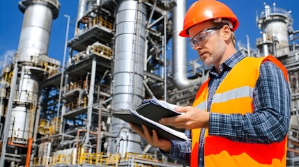 Fototapeta premium Engineer Reviewing Emissions Data at Air Monitoring Tower in Industrial Zone