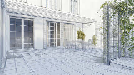 Obraz premium Wireframe rendering of a building in 3D. Done view hard landscaping, new luxury stone patio and garden of English home. Idea for an abstract construction graphic