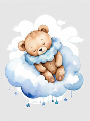 A teddy bear sleeps peacefully on fluffy clouds in a watercolor dream.