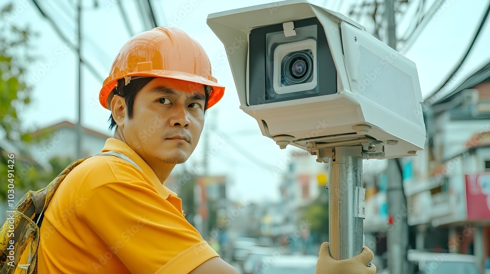 Aufkleber professional engineer installing advanced smart cctv with facial recognition in urban setting