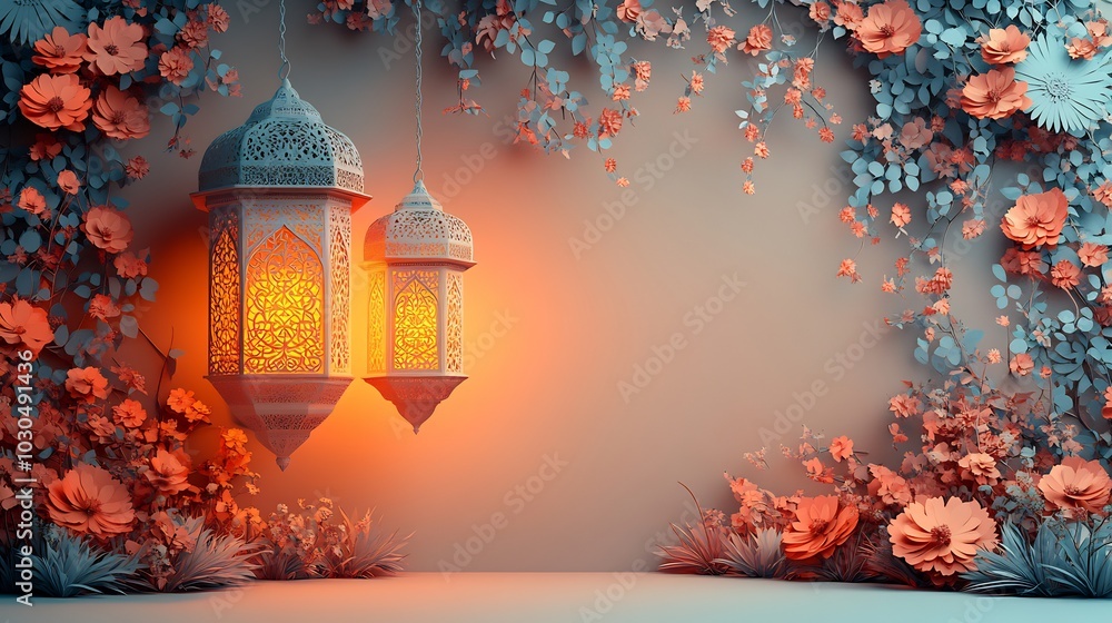Aufkleber beautiful paper cut style banner featuring an islamic lantern surrounded by ornate patterns set agai