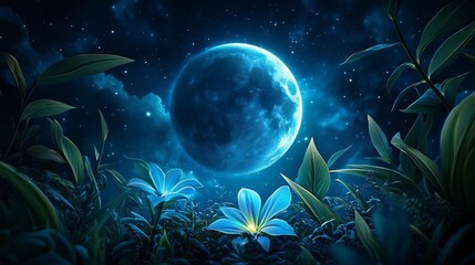 Night Sky with Full Moon  Stars and Flowers