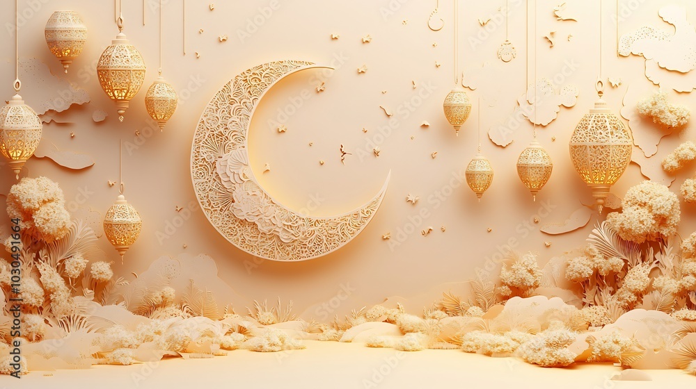 Aufkleber beautiful paper cut style banner showcasing a crescent moon and multiple lanterns surrounded by intr