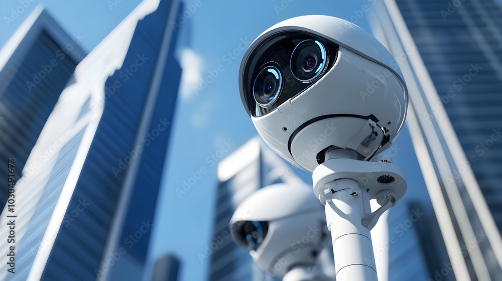 Poster engineer installing advanced cctv with facial recognition in urban setting