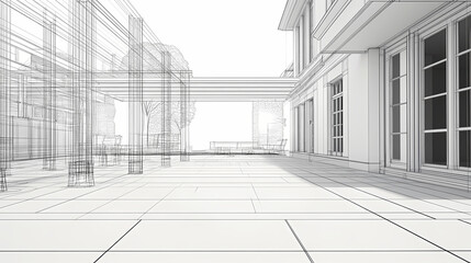 Fototapeta premium Wireframe rendering of a building in 3D. Done view hard landscaping, new luxury stone patio and garden of English home. Idea for an abstract construction graphic