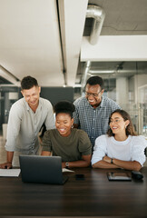 Manager, happy team and business people on laptop for planning, learning or coaching. Group, computer and discussion, training and solution for product development in creative startup office together