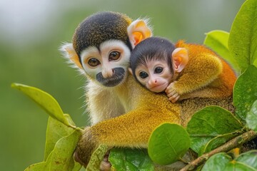 Obraz premium A pair of cute monkeys cuddling on green leaves in a natural setting.