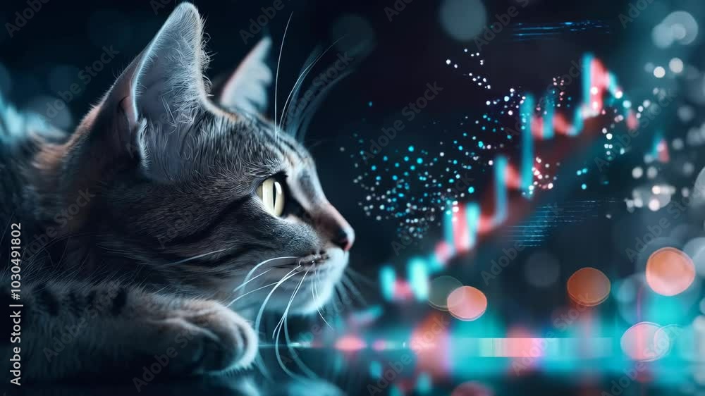 Poster curious feline explores digital technology, captivated by fluctuating data graphs and vibrant lights