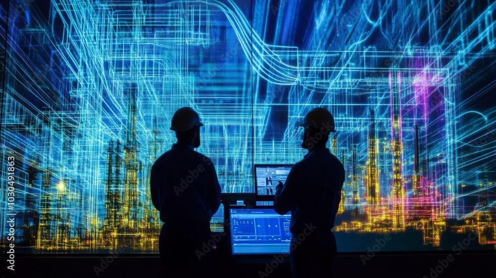 Poster engineers analyzing data in high-tech environment