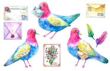 Pigeon with letter and envelope colorful watercolor illustration.