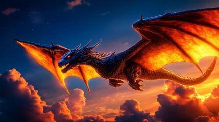 Fiery Dragon Flying Through Sunset Clouds