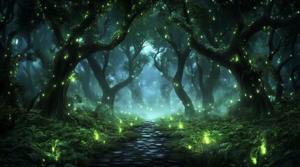 Obraz premium Enchanting Forest Path with Glowing Lights and Mist