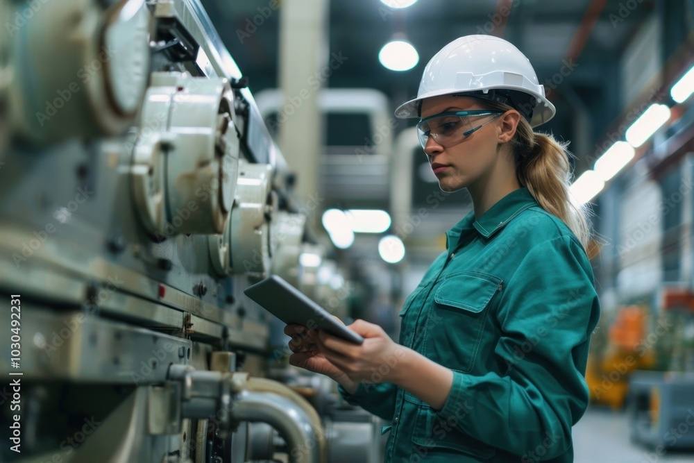 Poster engineer using a tablet on a machine factory hardhat helmet.