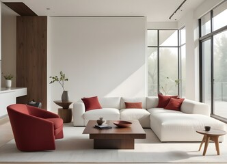 A modern living room with a large white sectional sofa, a red armchair, and a low wooden coffee table with a vase. The room has large windows and minimalist decor.