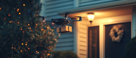 Drone delivering package to residential doorstep