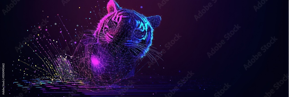 Poster A digital representation of a tiger with vibrant colors and abstract elements.