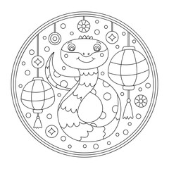 Symbol of the  Oriental New Year cute little snake among the Chinese lanterns. Doodle hand drawn vector illustration. Great ornament for coloring.