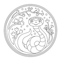 Symbol of the Chinese Oriental New Year smiling friendly snake among the branches of cherry blossoms. Doodle hand drawn vector illustration. Great ornament for coloring.