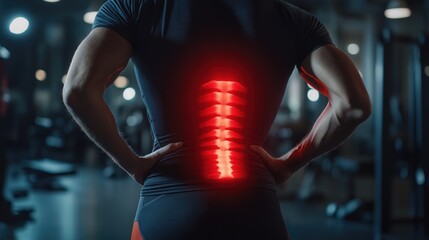 Athlete with glowing red back in gym highlighting spine health and fitness. Back pain during sports