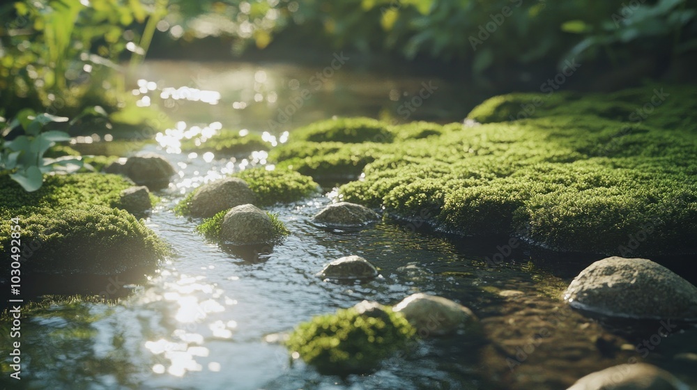 Canvas Prints A serene stream flows over moss-covered rocks, illuminated by soft sunlight.