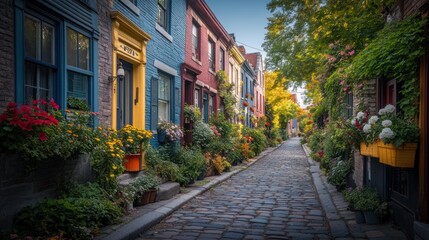 Fototapeta premium Charming Cobblestone Street with Vibrant Flower Boxes